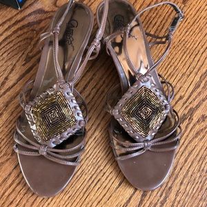 Carlos Santana Brown Leather Beaded Wedge Sandals